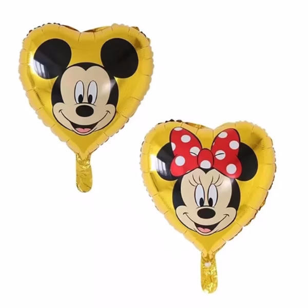 Balon din folie in forma de inima de culoare aurie cu design fata-verso prezentand pe o parte chipul lui Mickey Mouse zambind iar pe cealalta chipul lui Minnie Mouse purtand o funda rosie cu buline albe