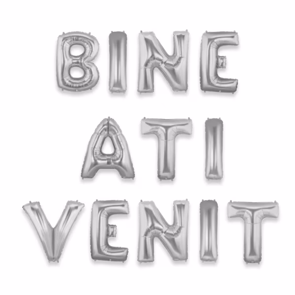 Banner format din baloane din folie metalizata de culoare argintie care formeaza mesajul Bine Ati Venit suspendate elegant pe trei randuri