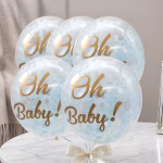 Set 5 baloane Oh Baby cu confetti bleu si text auriu, 30 cm Buchet festiv format din set 5 baloane oh baby cu confetti 30 cm pentru botez baietel