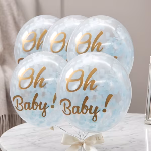Set 5 baloane Oh Baby cu confetti bleu si text auriu, 30 cm Buchet festiv format din set 5 baloane oh baby cu confetti 30 cm pentru botez baietel