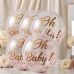 Set 5 baloane latex Oh Baby cu confetti roz si text auriu 30 cm Buchet festiv format din set 5 baloane latex oh baby cu confetti roz 30 cm pentru botez fetita
