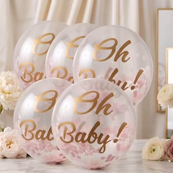 Set 5 baloane latex Oh Baby cu confetti roz si text auriu 30 cm Buchet festiv format din set 5 baloane latex oh baby cu confetti roz 30 cm pentru botez fetita