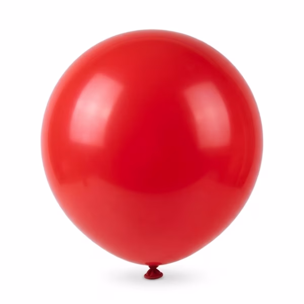 Balon din latex de dimensiuni gigantice, umflat perfect rotund, prezentând o nuanță intensă și vibrantă de roșu clasic, așezat pe un fundal alb neutru