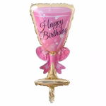Balon din folie metalizata in forma unui pahar de sampanie cu bautura roz si baza aurie decorat cu o fundita si textul Happy Birthday