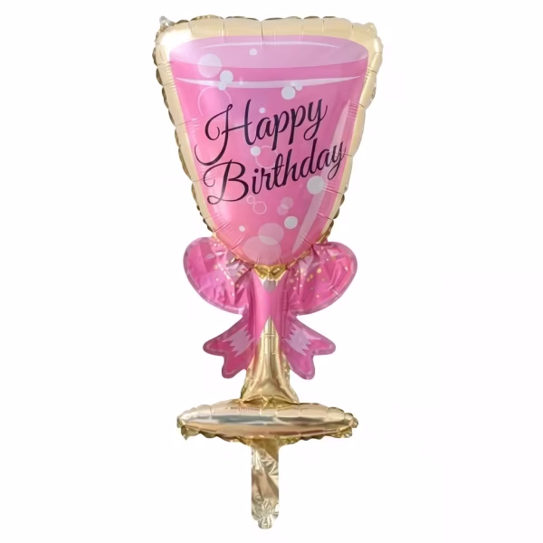 Balon din folie metalizata in forma unui pahar de sampanie cu bautura roz si baza aurie decorat cu o fundita si textul Happy Birthday