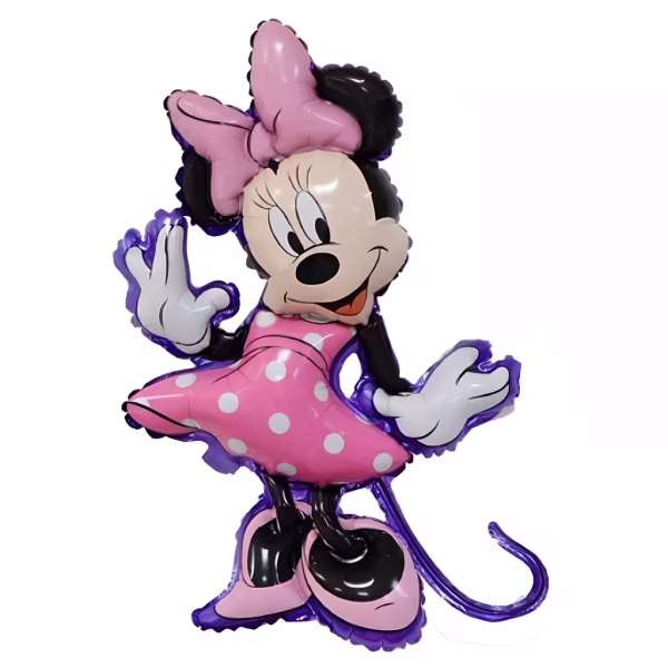 Balon din folie in forma de figurina Minnie Mouse imbracata in rochita roz cu buline albe si fundita