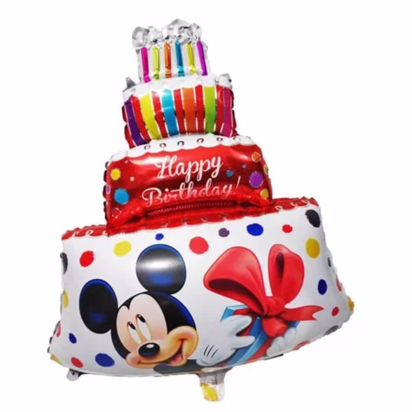 Mini-balon din folie in forma de tort aniversar etajat avand baza alba cu buline colorate si personajul Mickey Mouse alaturi de un cadou pe o fata in timp ce pe etajul rosu este imprimata urarea Happy Birthday iar in varf sunt lumanari colorate