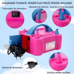 Pompa electrica profesionala de culoare roz cu maner albastru si doua duze pentru umflat baloane prevazuta cu un compartiment lateral pentru cablu