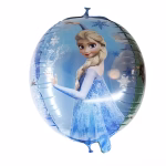 Balon din folie in forma de sfera cu personajul Elsa din Frozen inconjurata de fulgi de nea pe un fundal albastru de iarna
