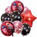 Set format din 9 baloane cu tematica Miraculous incluzând 2 baloane rotunde din folie cu Buburuza și Motanul Noir o stea roșie 3 baloane negre cu buline albe și 3 baloane transparente umplute cu confetti roșu