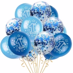 Set de 10 baloane din latex in nuante de albastru inchis albastru deschis si transparente cu confetti albastre imprimate cu cifra 1 textul 1st birthday si stelute