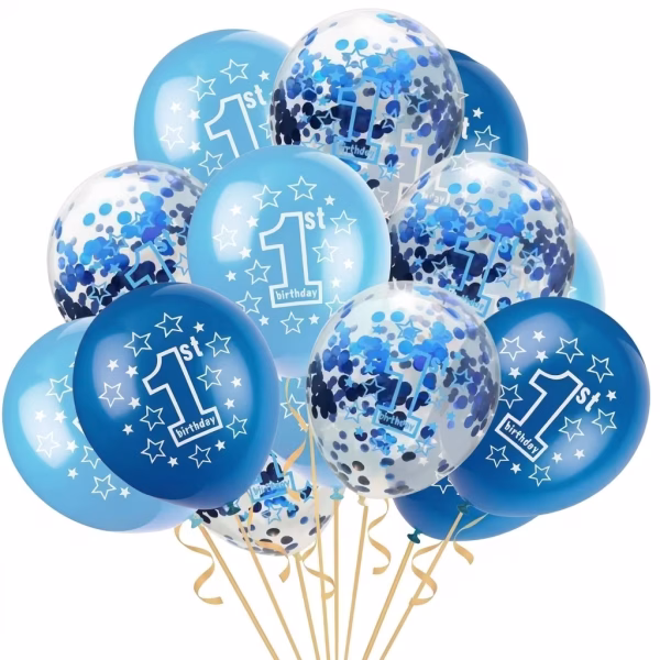 Set de 10 baloane din latex in nuante de albastru inchis albastru deschis si transparente cu confetti albastre imprimate cu cifra 1 textul 1st birthday si stelute
