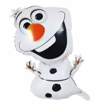 Balon din folie decupat in forma omului de zapada Olaf din animatia Frozen cu un zambet larg nas portocaliu tip morcov brate din crengute si nasturi negri