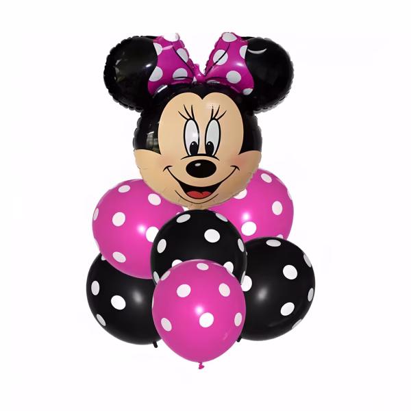 Set format din 7 piese cu un balon central din folie in forma de cap Minnie Mouse cu funda roz si 6 baloane din latex roz si negru cu imprimeu de buline albe