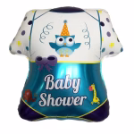 Balon din folie in forma de body de bebelus avand partea de sus alba cu buline si o bufnita albastra iar partea de jos albastru metalizat cu mesajul Baby Shower un elefant si o girafa