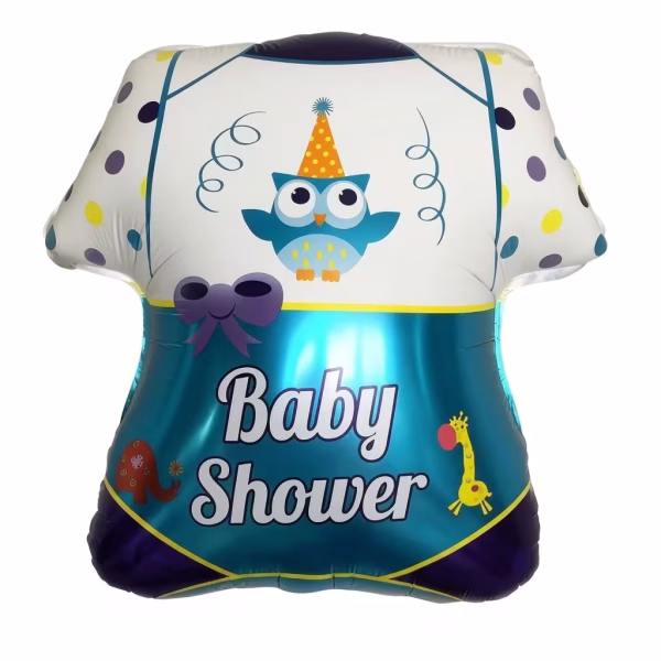 Balon din folie in forma de body de bebelus avand partea de sus alba cu buline si o bufnita albastra iar partea de jos albastru metalizat cu mesajul Baby Shower un elefant si o girafa