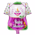 Balon din folie in forma de body de bebelus avand partea de sus alba cu buline si o bufnita roz iar partea de jos roz metalizat cu mesajul Baby Shower un elefant si o girafa