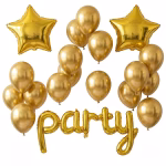 Set 13 Baloane Party Aurii Folie Si Latex Set complet de 13 baloane aurii pentru petrecere incluzand balon folie cu textul party doua baloane folie in forma de stea si zece baloane din latex sidefat pe fundal alb.