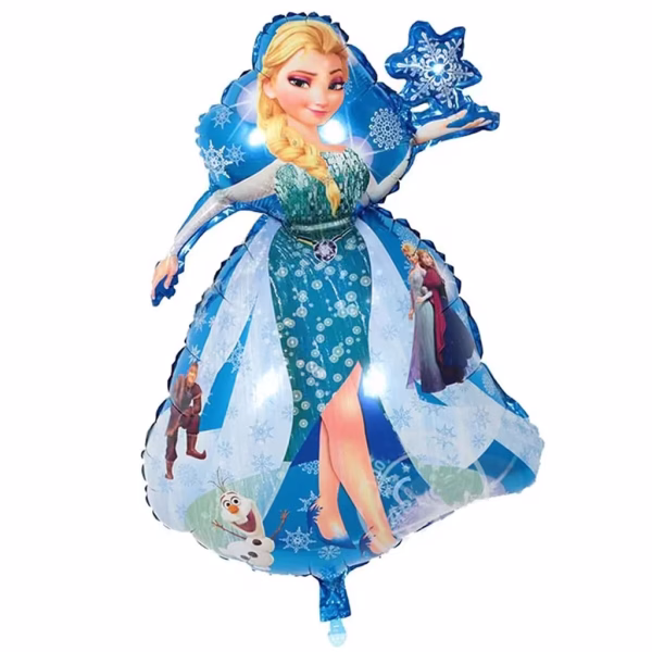 Balon gigant din folie cu personajul Elsa din Frozen tinand un fulg de nea in mana si avand imprimeuri cu personajele Olaf Anna si Kristoff pe fusta rochiei