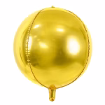 Balon din folie sferic de tip Orbz avand o culoare auriu metalizat cu un finisaj complet neted si lucios prevazut cu o supapa vizibila la baza