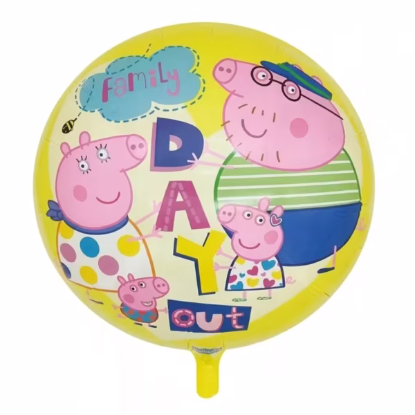 Balon din folie rotund cu fundal galben ilustrand familia Peppa Pig respectiv Daddy Pig Mummy Pig Peppa si George zambind alaturi de mesajul Family DAY out