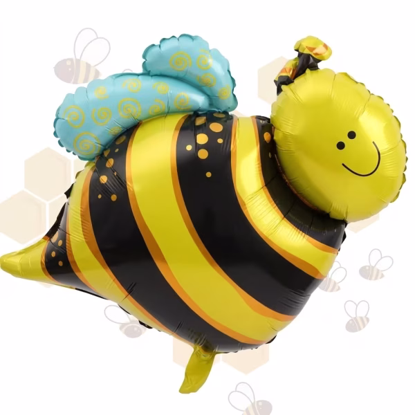 Balon din folie metalizata sub forma de albinuta mica cu dungi galbene si negre aripioare albastre si o fata zambitoare izolat pe fundal luminos