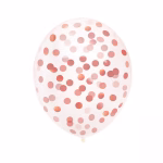 Detaliu frontal cu un singur balon din latex transparent umplut cu confetti rose gold rotund