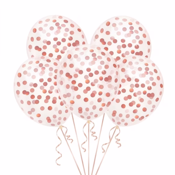 Buchet format din 5 baloane din latex transparent umplute cu confetti rose gold stralucitor si feminin