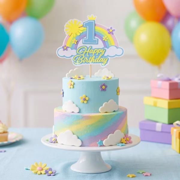 Topper Tort Happy Birthday Cifra 1 Curcubeu Albastru 22 cm Topper tort cifra 1 albastru cu curcubeu si norisori pentru decoratiuni petrecere aniversare baieti 1 an.