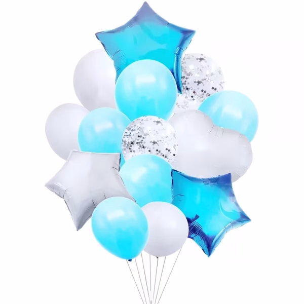 Set format din 14 baloane cu baloane din folie in forma de stele albastre si argintii o inima alba din folie si baloane din latex albe bleu si transparente cu confetti argintii