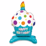 Balon din folie 3D standing in forma de briosa cu baza albastra mesaj Happy Birthday crema alba cu buline colorate si o lumanare aprinsa in varf