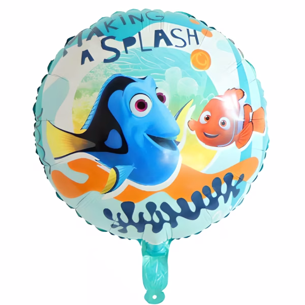Balon rotund din folie de culoare albastru deschis cu imprimeu subacvatic ilustrand pestisorii Dory si Nemo alaturi de mesajul making a splash