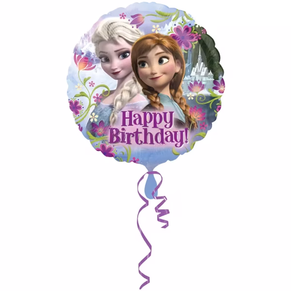 Balon rotund din folie ilustrandu-le in prim-plan pe printesele Elsa si Ana zambind pe un fundal cu un castel de gheata motive florale colorate si mesajul central Happy Birthday de culoare mov