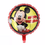 Balon rotund din folie cu o margine rosie exterioara si un chenar interior negru cu siluete ilustrandu-l pe Mickey Mouse zambind pe un fundal galben alaturi de mesajul Happy Birthday scris cu litere rosii