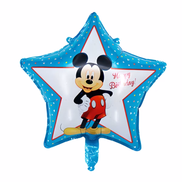 Balon din folie in forma de stea in cinci colturi avand o margine lata de culoare albastra presarata cu confetti colorat si un centru alb in care este ilustrat Mickey Mouse zambind alaturi de urarea Happy Birthday scrisa cu rosu