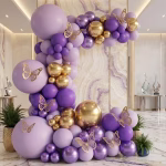 set ghirlanda baloane mov Arcada asimetrica din baloane nuante de mov pastel si auriu chrome pentru decor petreceri