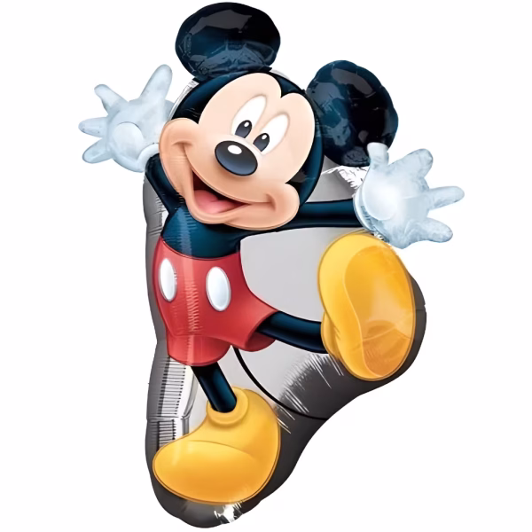 Balon din folie ilustrandu-l pe Mickey Mouse intr-o ipostaza dinamica sarind de bucurie cu bratele larg deschise si un picior ridicat purtand faimosii pantaloni rosii cu nasturi albi manusi albe si pantofi galbeni