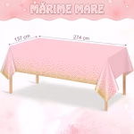 Fata de Masa Roz cu Imprimeu Confetti Aurii, 137x274 cm, Reutilizabila Fata de masa dreptunghiulara din plastic roz pal, cu imprimeu elegant de confetti aurii cazatoare pe margini, dimensiune 137x274 cm.