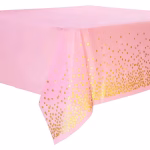 Fata de Masa Roz cu Imprimeu Confetti Aurii, 137x274 cm, Reutilizabila Fata de masa dreptunghiulara din plastic roz pal, cu imprimeu elegant de confetti aurii cazatoare pe margini, dimensiune 137x274 cm.