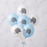 Set 6 baloane alb bleu imprimeu elefant 30 cm Buchet festiv format din set 6 baloane alb bleu imprimeu elefant 30 cm pentru botez baietel
