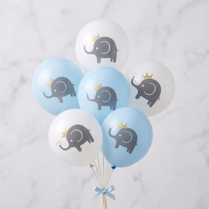 Set 6 baloane alb bleu imprimeu elefant 30 cm Buchet festiv format din set 6 baloane alb bleu imprimeu elefant 30 cm pentru botez baietel