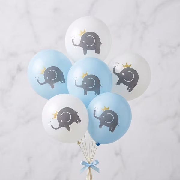 Set 6 baloane alb bleu imprimeu elefant 30 cm Buchet festiv format din set 6 baloane alb bleu imprimeu elefant 30 cm pentru botez baietel