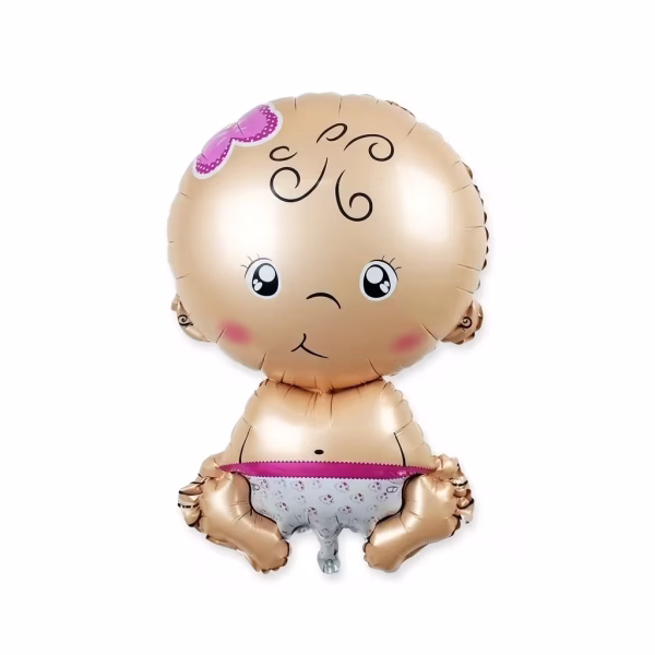 Balon din folie decupat in forma de bebelus fetita avand o fundita roz pe cap obraji imbujorati si purtand un scutec alb decorat cu un model discret si o banda roz in partea superioara