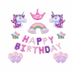 Set 29 Baloane Unicorn Si Happy Birthday Set complet de 29 baloane pentru petrecere tematica unicorn cu litere Happy Birthday roz si mov, 2 unicorni gigant, curcubeu, stele si coroana de printesa.