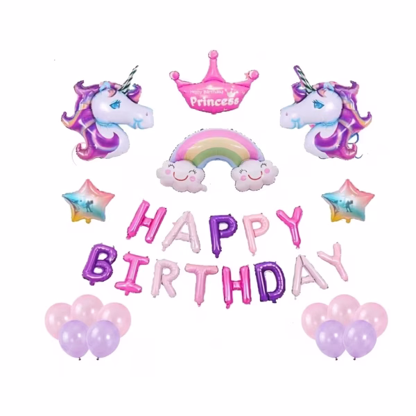 Set 29 Baloane Unicorn Si Happy Birthday Set complet de 29 baloane pentru petrecere tematica unicorn cu litere Happy Birthday roz si mov, 2 unicorni gigant, curcubeu, stele si coroana de printesa.