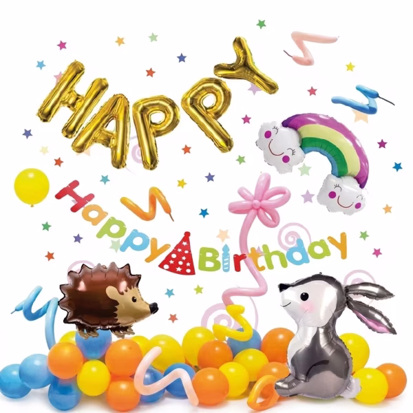 Set 39 Baloane Animale Padure Iepure Arici Set complet de 39 baloane pentru petrecere cu tematica animale padure incluzand baloane din folie iepure arici curcubeu litere aurii baloane latex modelaj si banner.