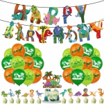 Set Baloane Dinozauri Cu Banner Si Toppere Set complet pentru petrecere cu dinozauri incluzand banner Happy Birthday din litere colorate, baloane din latex verzi si portocalii cu imprimeu si toppere pentru tort.