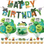 Set Baloane Dinozauri Cu Banner Si Toppere Set complet pentru petrecere cu dinozauri incluzand banner Happy Birthday din litere colorate, 24 baloane din latex verzi cu imprimeu si toppere pentru tort.