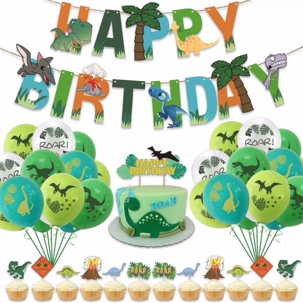Set Baloane Dinozauri Cu Banner Si Toppere Set complet pentru petrecere cu dinozauri incluzand banner Happy Birthday din litere colorate, 24 baloane din latex verzi cu imprimeu si toppere pentru tort.