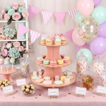 Suport etajat pentru prajituri din carton, de culoare somon cu margini aurii, plin cu briose, macarons si biscuiti, asezat pe o masa de Candy Bar festiva.